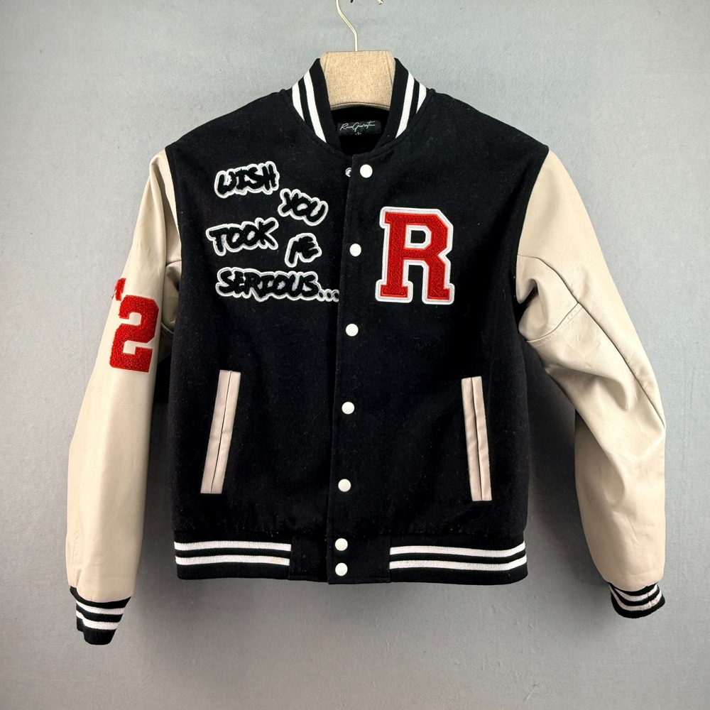 Ricco Gioventu Black "No Joke" Leather Wool Varsity Jacket